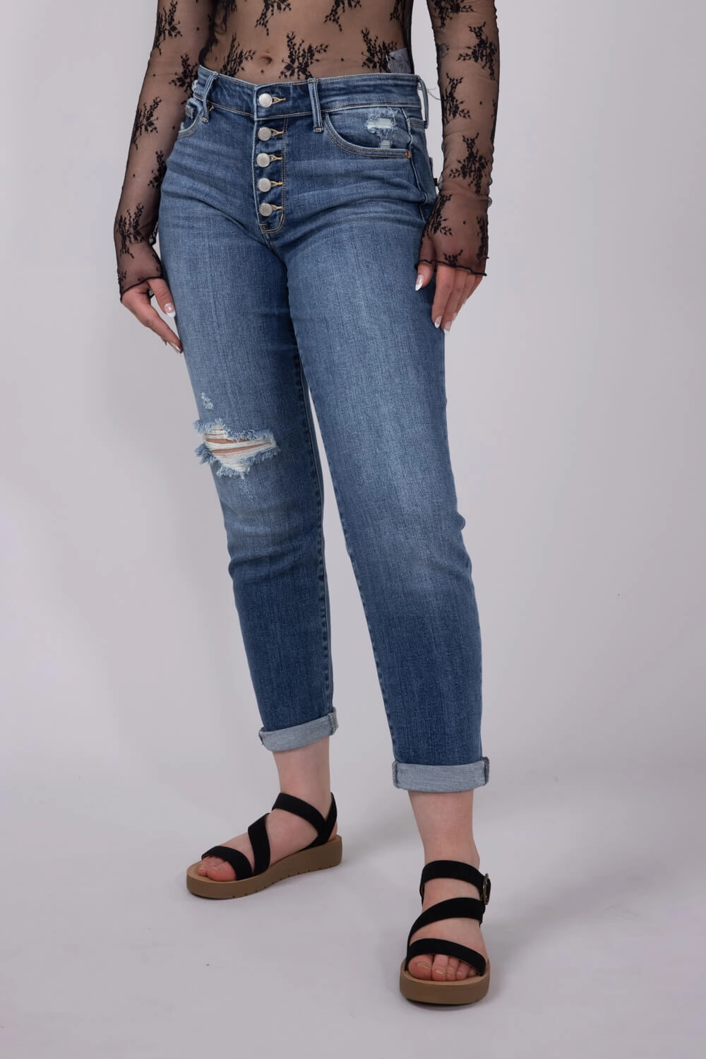 Elegant Formal Couple Look Work Ready Judy Blue Mid Rise Distress Button Fly Boyfriend Jeans for Women | 82664REG