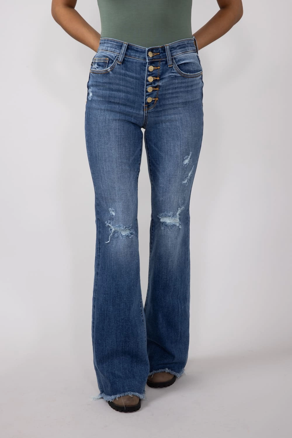 Perfectly Fitted Easy Care Judy Blue Mid Rise Medium Wash Flare Frayed Hem Distressed Jeans for Women | 82638REG