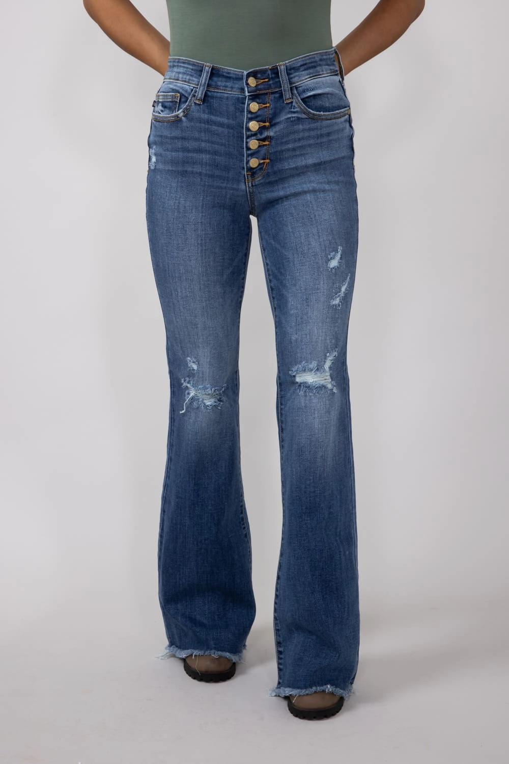 Judy Blue Mid Rise Medium Wash Flare Frayed Hem Distressed Jeans for Women | 82638REG Holiday Vibes Stretch
