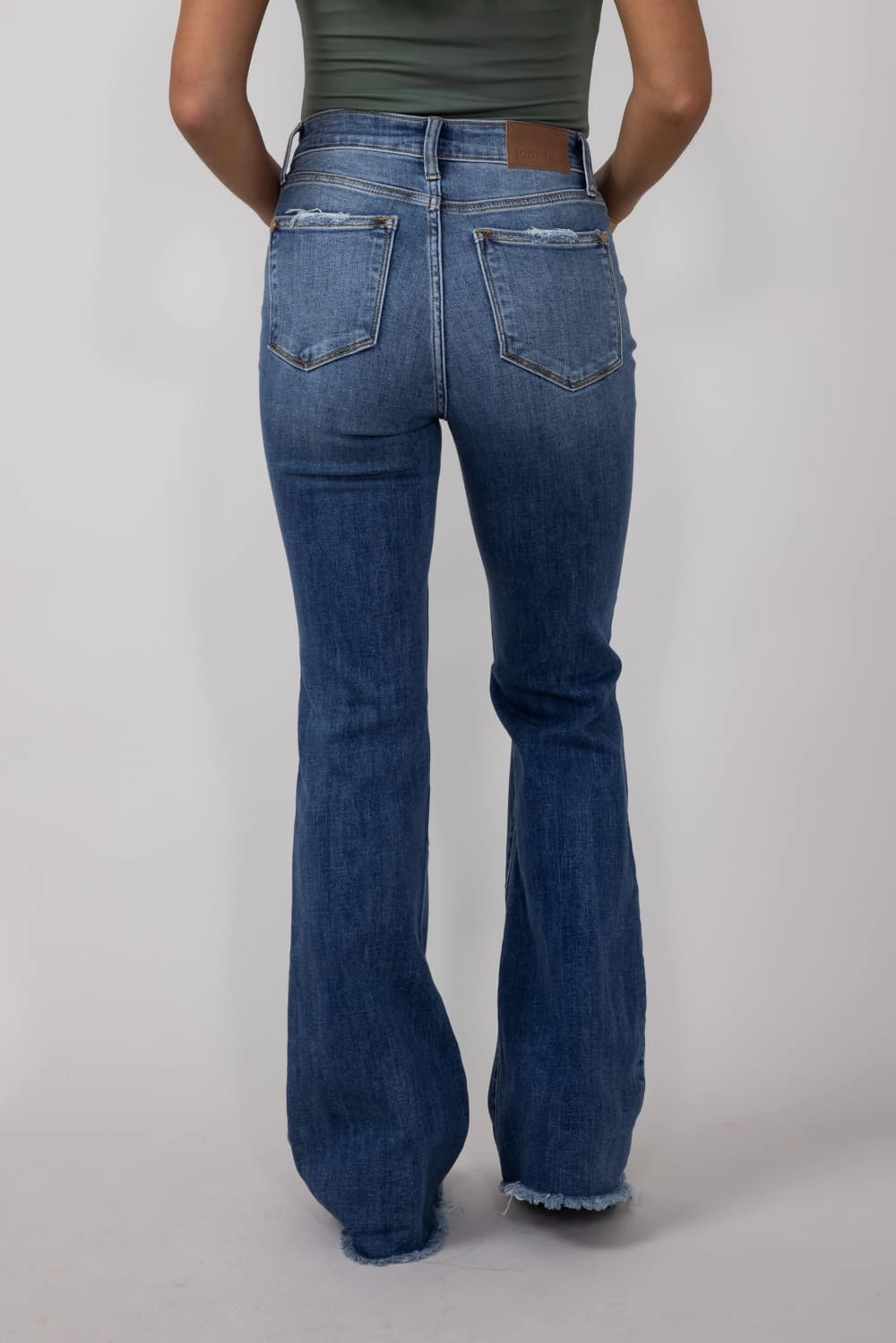 Judy Blue Mid Rise Medium Wash Flare Frayed Hem Distressed Jeans for Women | 82638REG Flexible Fit Sustainable Dye Methods