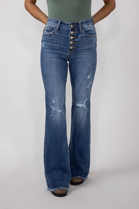 Perfectly Fitted Easy Care Judy Blue Mid Rise Medium Wash Flare Frayed Hem Distressed Jeans for Women | 82638REG