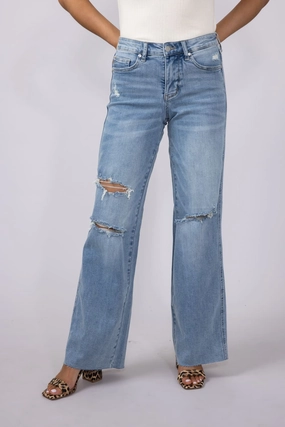 No Gap Waist Design Judy Blue Mid Rise Ripped Wide Leg Jeans for Women | 88933REG