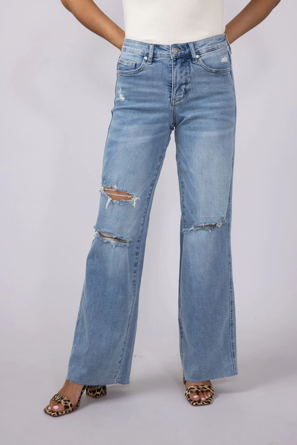 No Gap Waist Design Judy Blue Mid Rise Ripped Wide Leg Jeans for Women | 88933REG