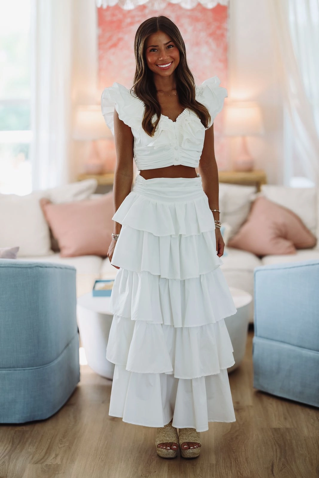 Lemon Zest Ruffled Crop Top - White High Density Weave ContrastStitching