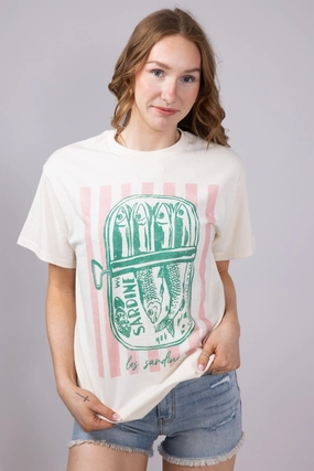 Stretch Design Les Sardine Stripe Oversized T-Shirt for Women in Ivory | 32917X-OTS-IVORY
