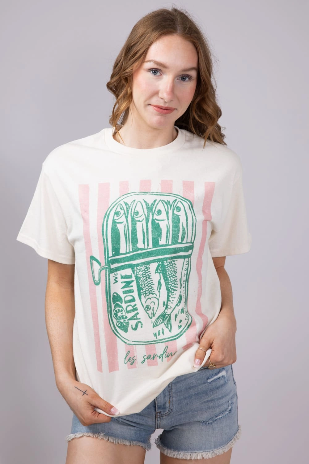Stretch Design Les Sardine Stripe Oversized T-Shirt for Women in Ivory | 32917X-OTS-IVORY