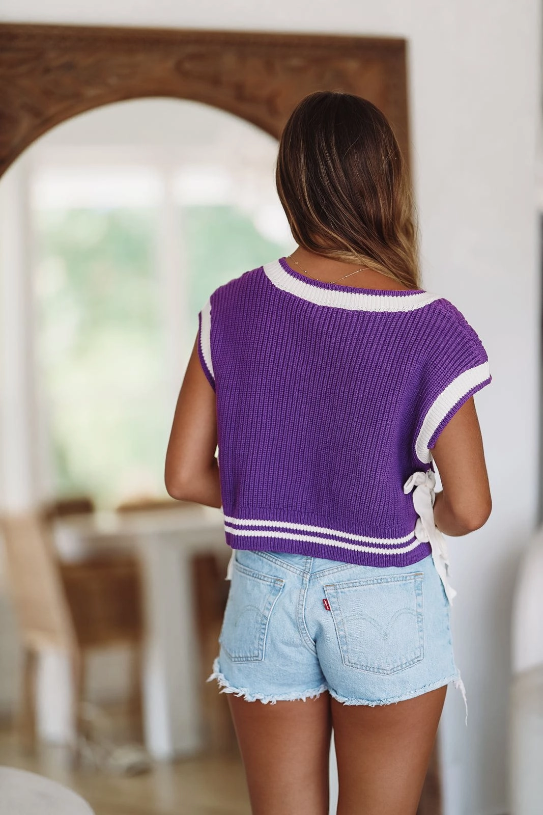 It's Game Time Crop Sweater - Purple and White Non Chafing Side Seams Anti Pilling Finish