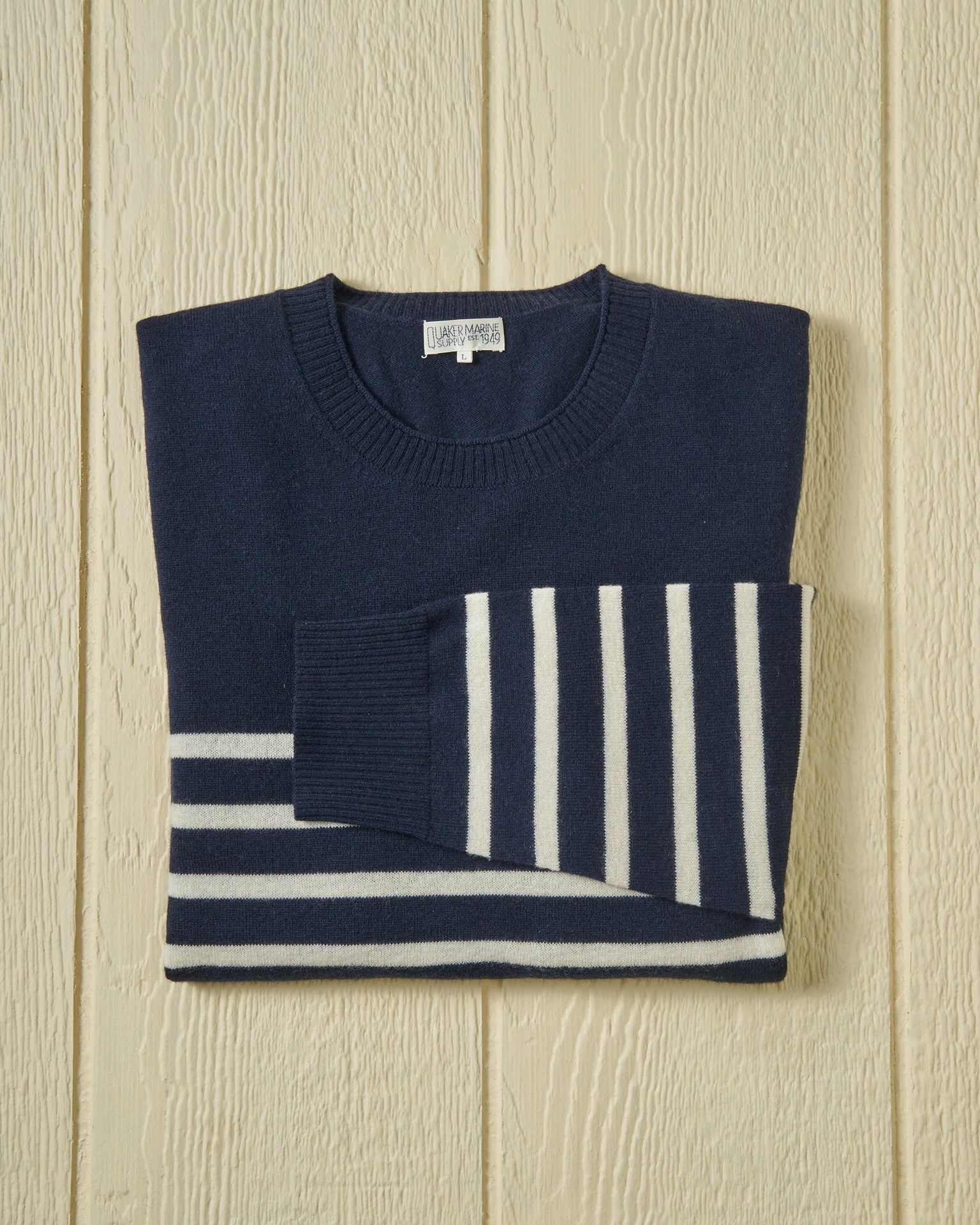 Merino Roll Neck Sweater in Navy/Egret Placed Stripe WaffleKnit Texture