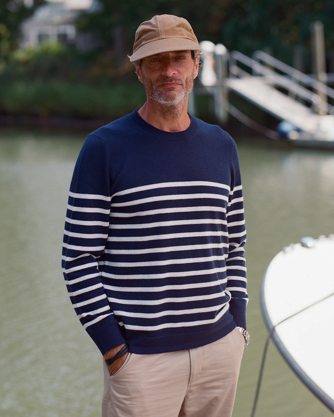 Merino Roll Neck Sweater in Navy/Egret Placed Stripe Stretch Recovery Yarn Clean Finish