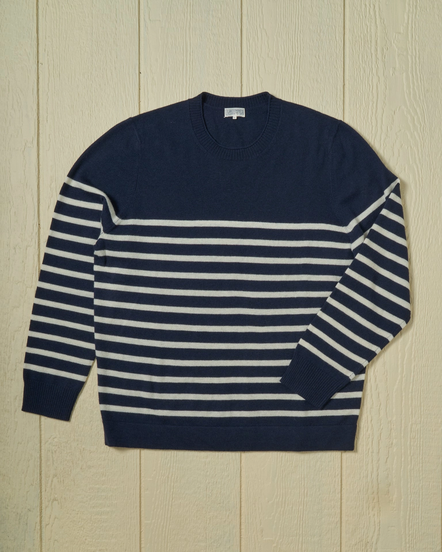 Merino Roll Neck Sweater in Navy/Egret Placed Stripe Everyday Comfort Daily Comfort