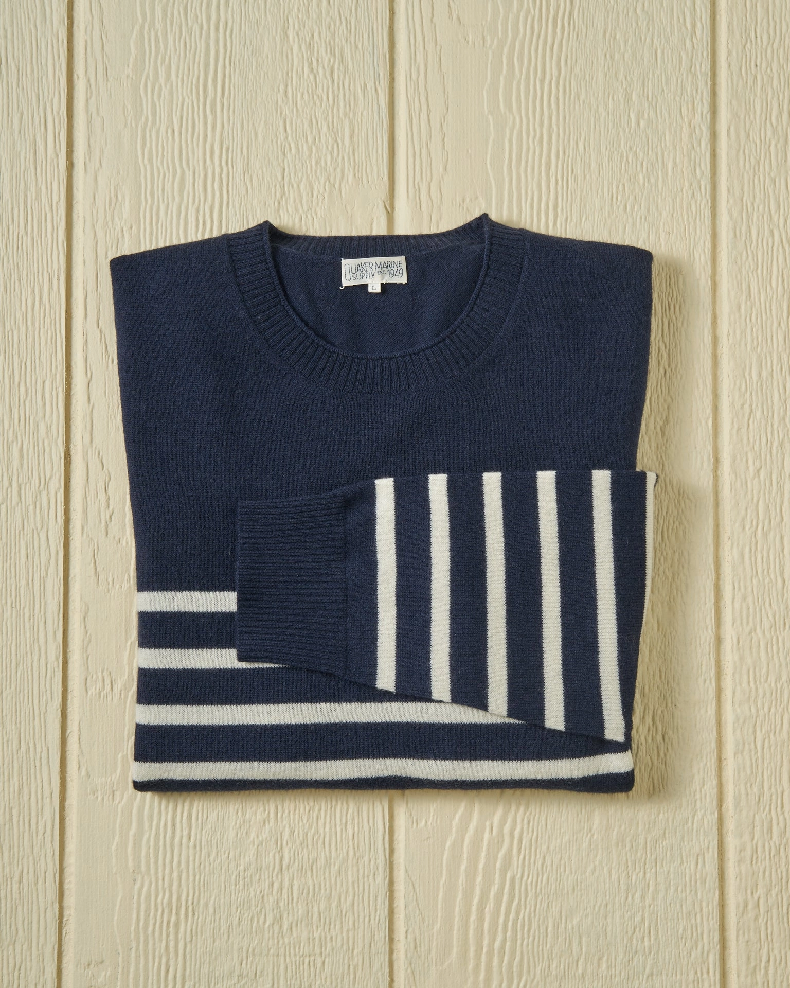 Merino Roll Neck Sweater in Navy/Egret Placed Stripe Warm Classic Office Layer