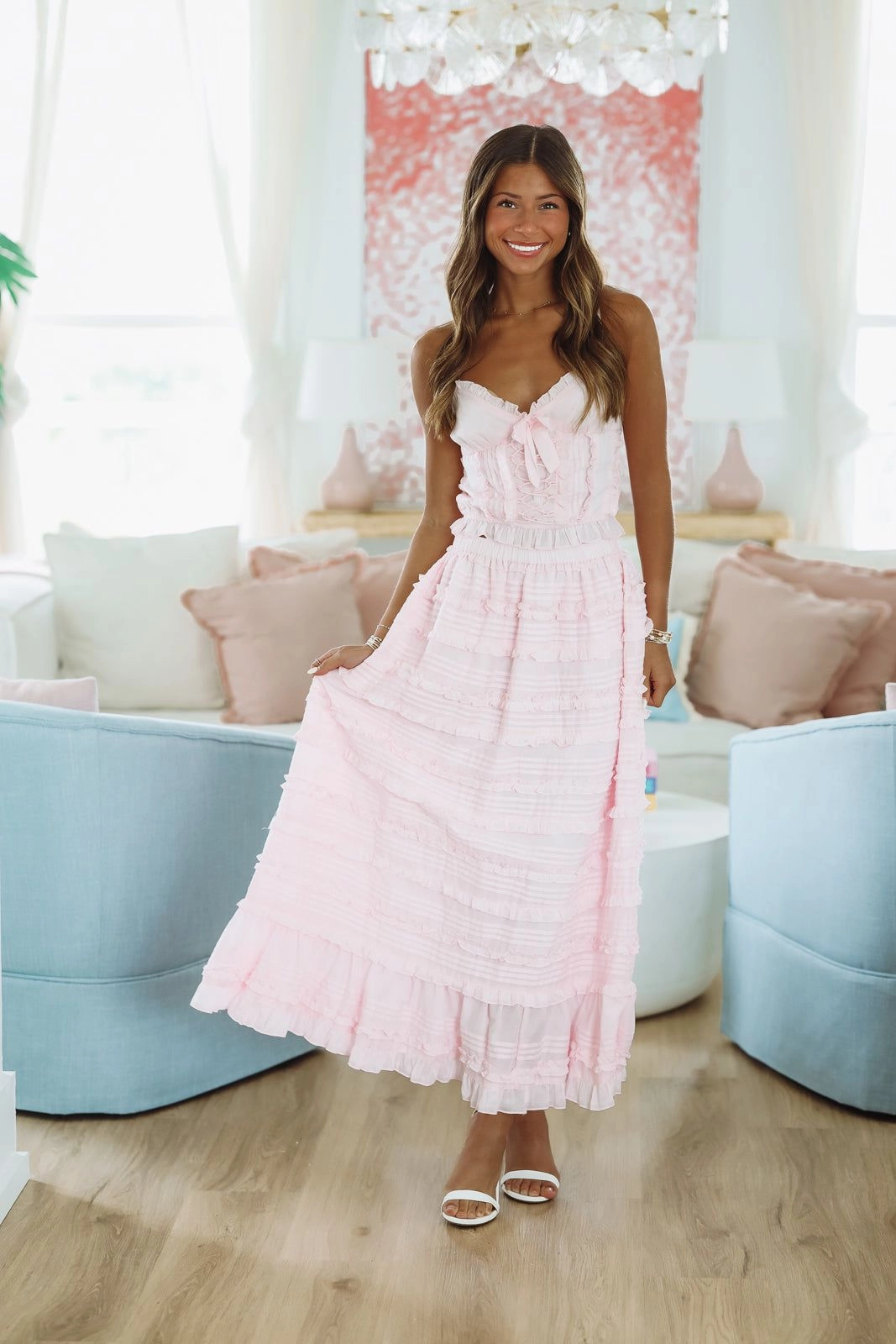 Lili Top and Maxi Skirt Set by Amy Jane London - Pink AllSeason Wearability DoubleStitched Hem