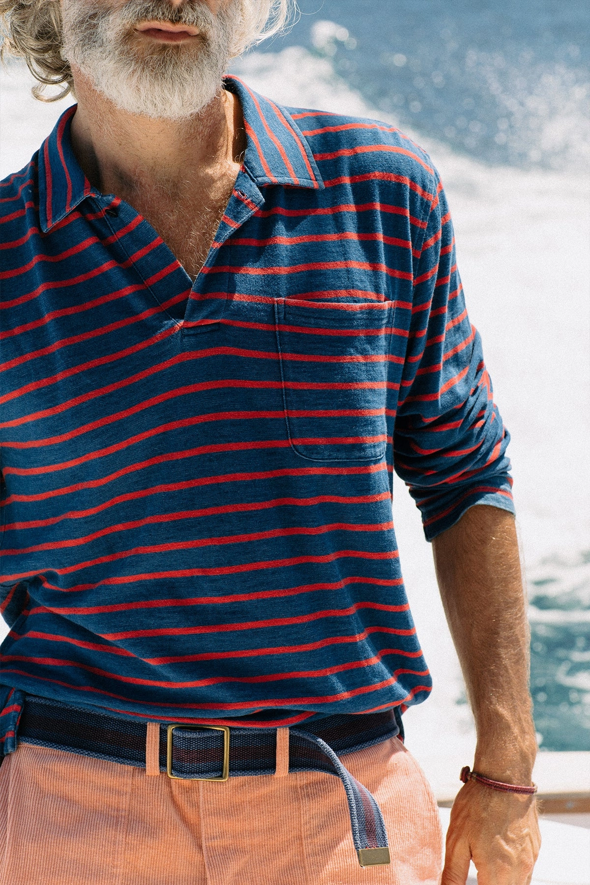 Comfy Comfort Long Sleeve Indigo Polo in 3/4" Red/Navy Stripe