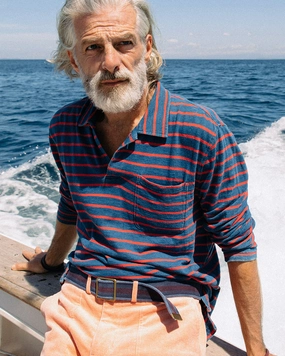 Casual Look Long Sleeve Indigo Polo in 3/4" Red/Navy Stripe