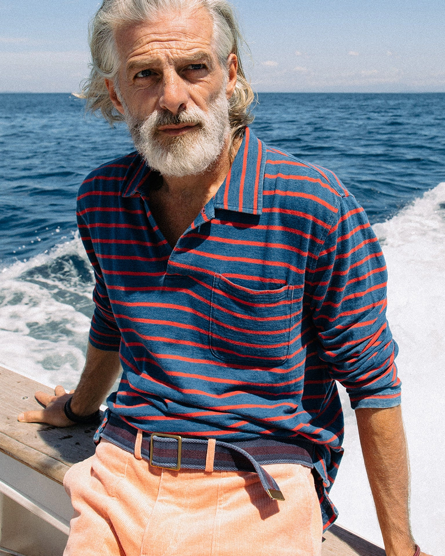 Casual Look Long Sleeve Indigo Polo in 3/4" Red/Navy Stripe