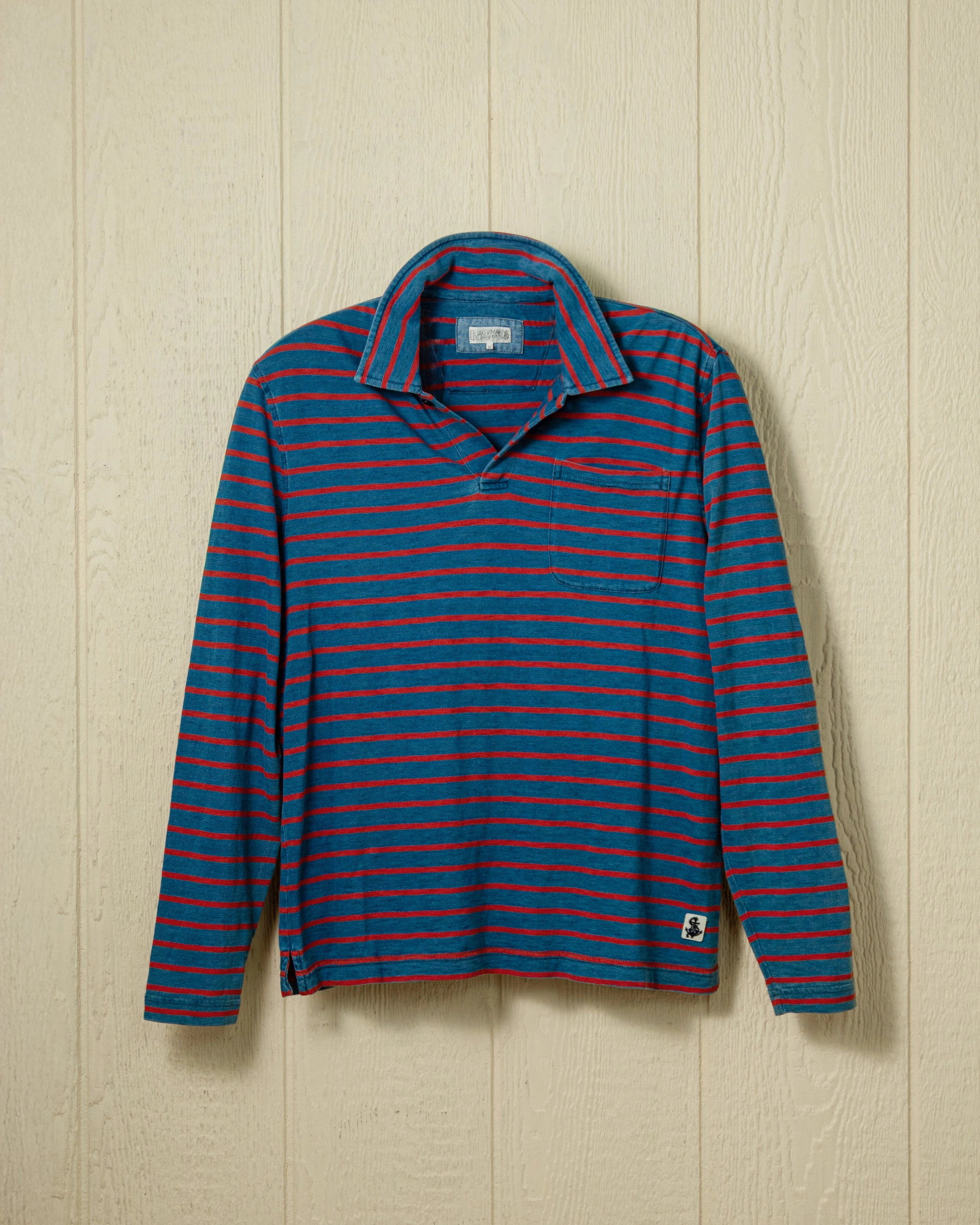 Fashion Must-Have Long Sleeve Indigo Polo in 3/4" Red/Navy Stripe