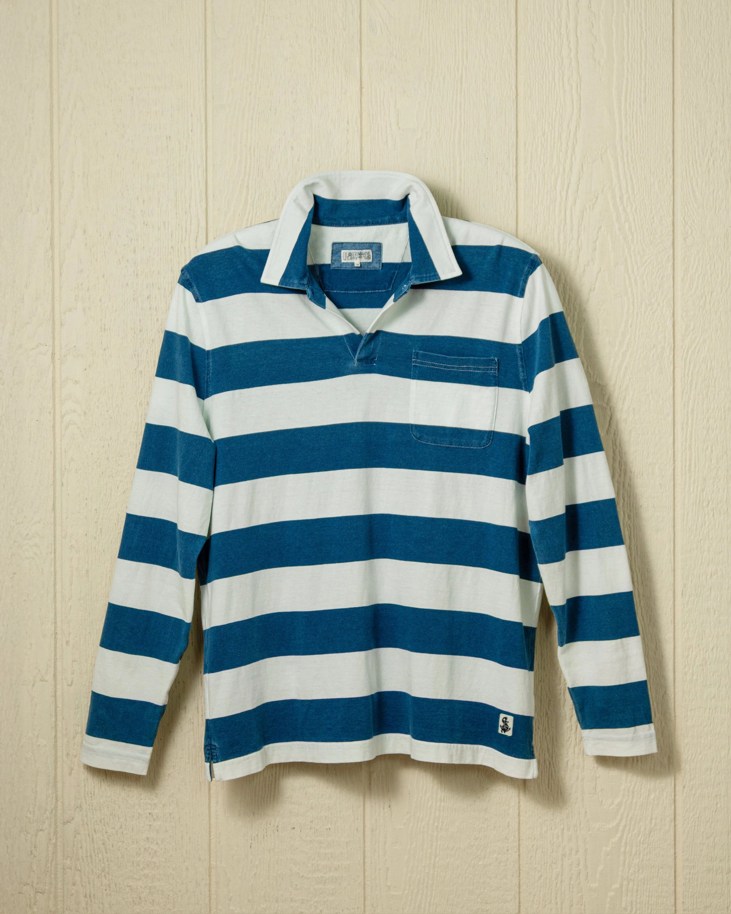 Long Sleeve Indigo Polo in Blue/White Rugby Stripe Luxe Layer Relaxed Fashion