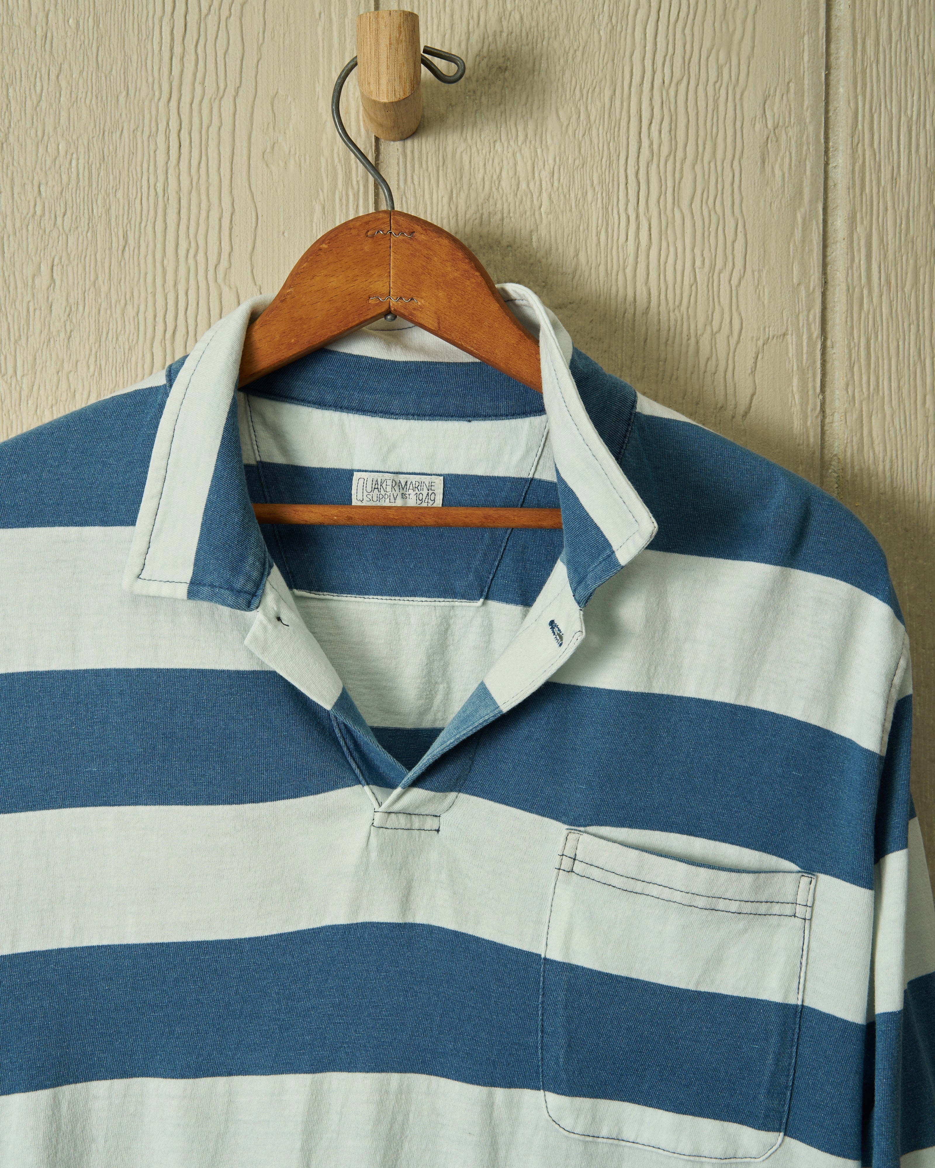 Long Sleeve Indigo Polo in Blue/White Rugby Stripe Easy Care