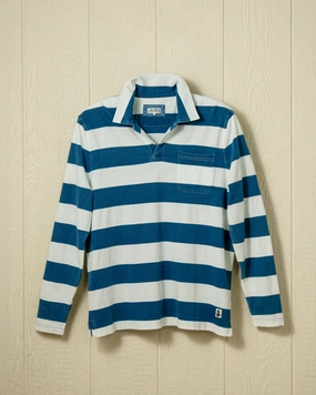 Long Sleeve Indigo Polo in Blue/White Rugby Stripe Luxe Layer Relaxed Fashion