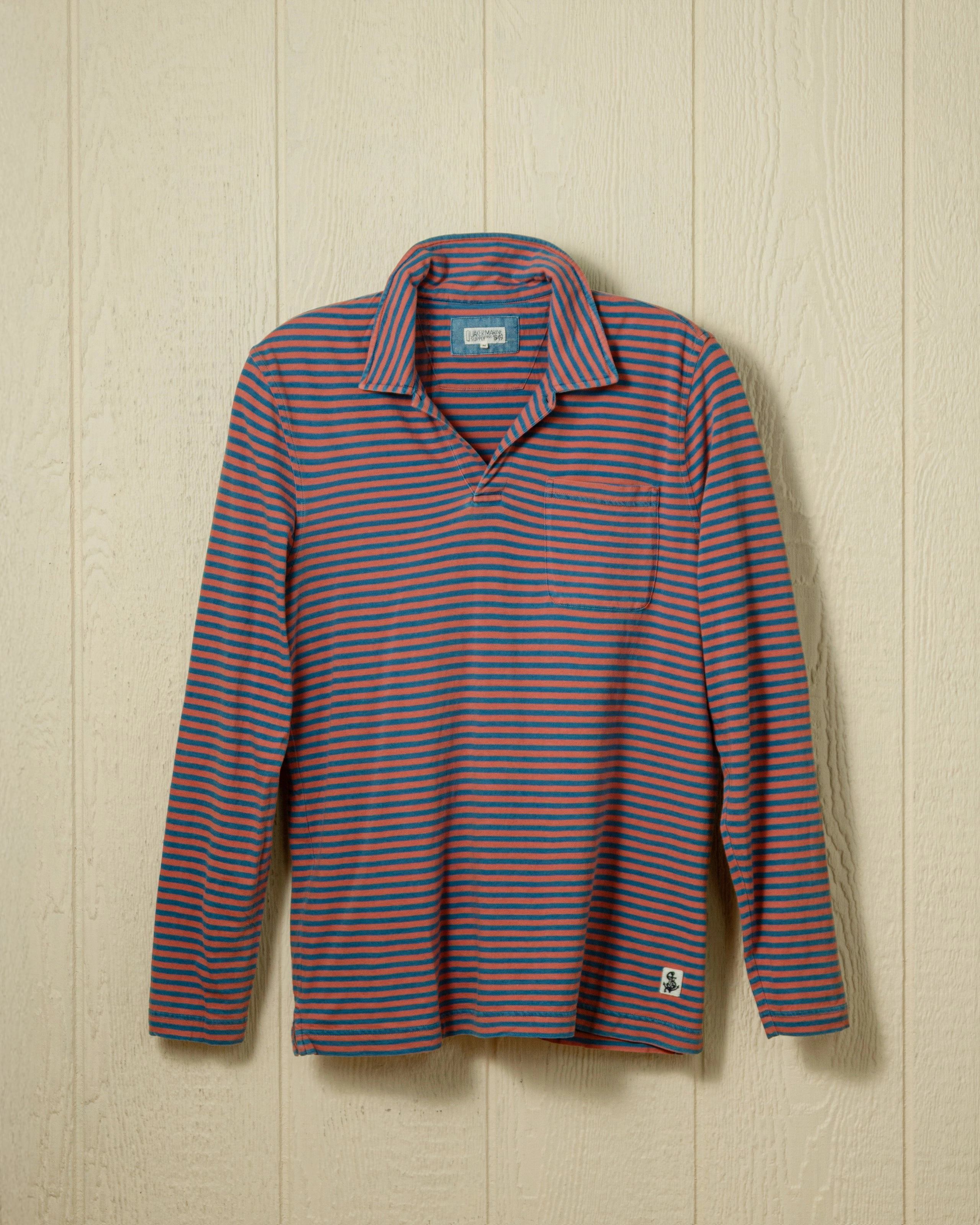 Long Sleeve Indigo Polo in Faded Red/Navy Even Stripe Golf Apparel Essential Design