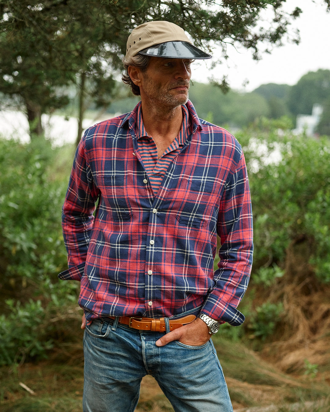 Polished Look Chic Essentials Long Sleeve Indigo Polo in Faded Red/Navy Even Stripe