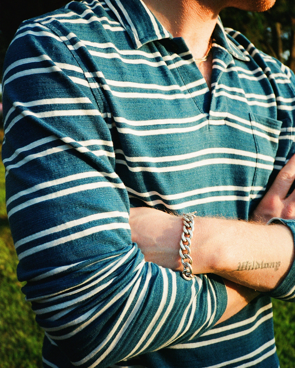 Long Sleeve Indigo Polo in Indigo/White Double Stripe Minimalist Look Vibrant Design