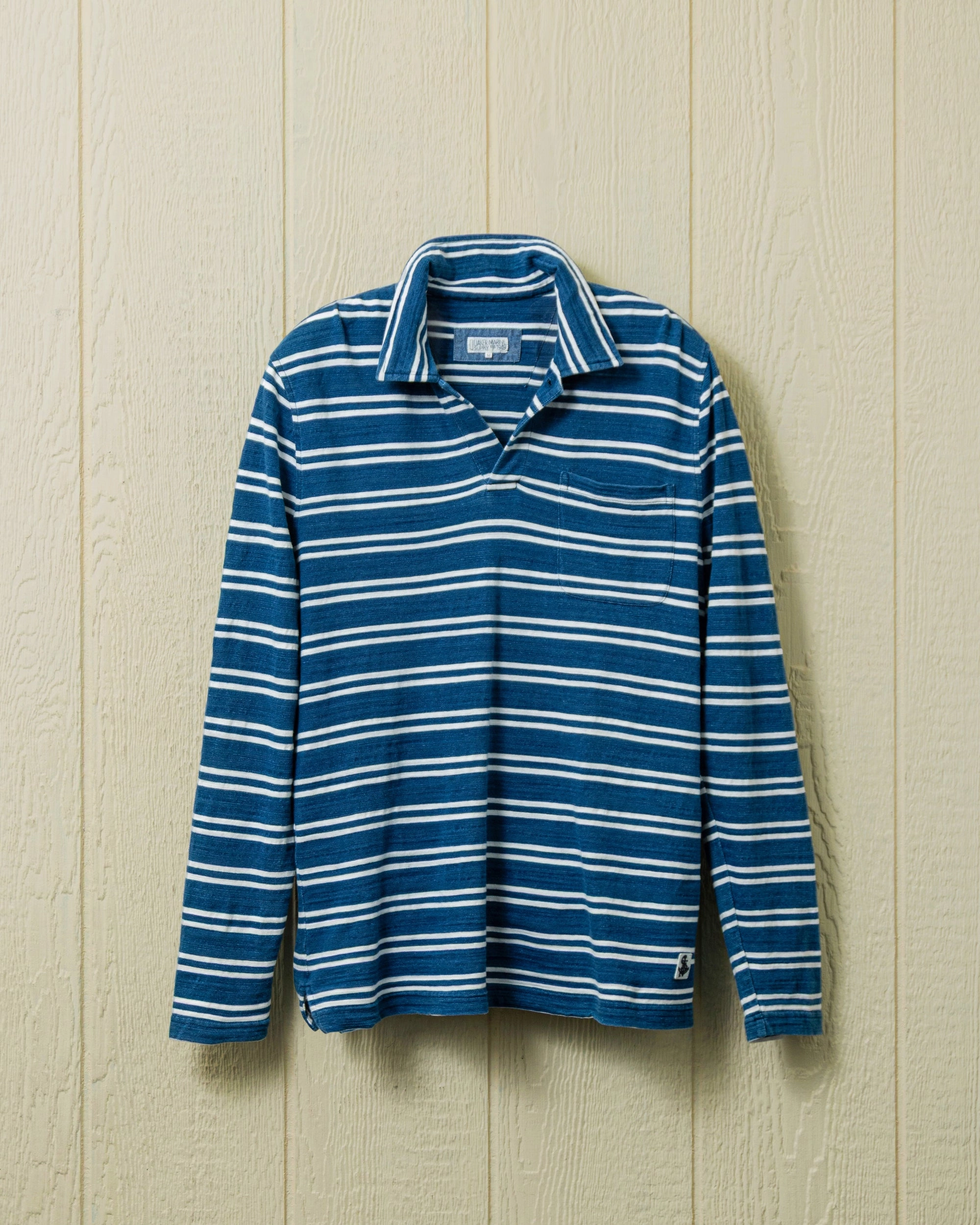 Long Sleeve Indigo Polo in Indigo/White Double Stripe Reinforced Stitching