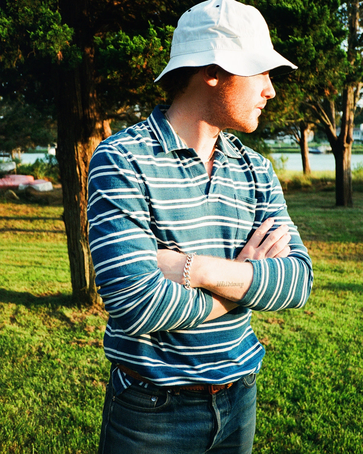 Everyday Shirt Clubhouse Ready Long Sleeve Indigo Polo in Indigo/White Double Stripe
