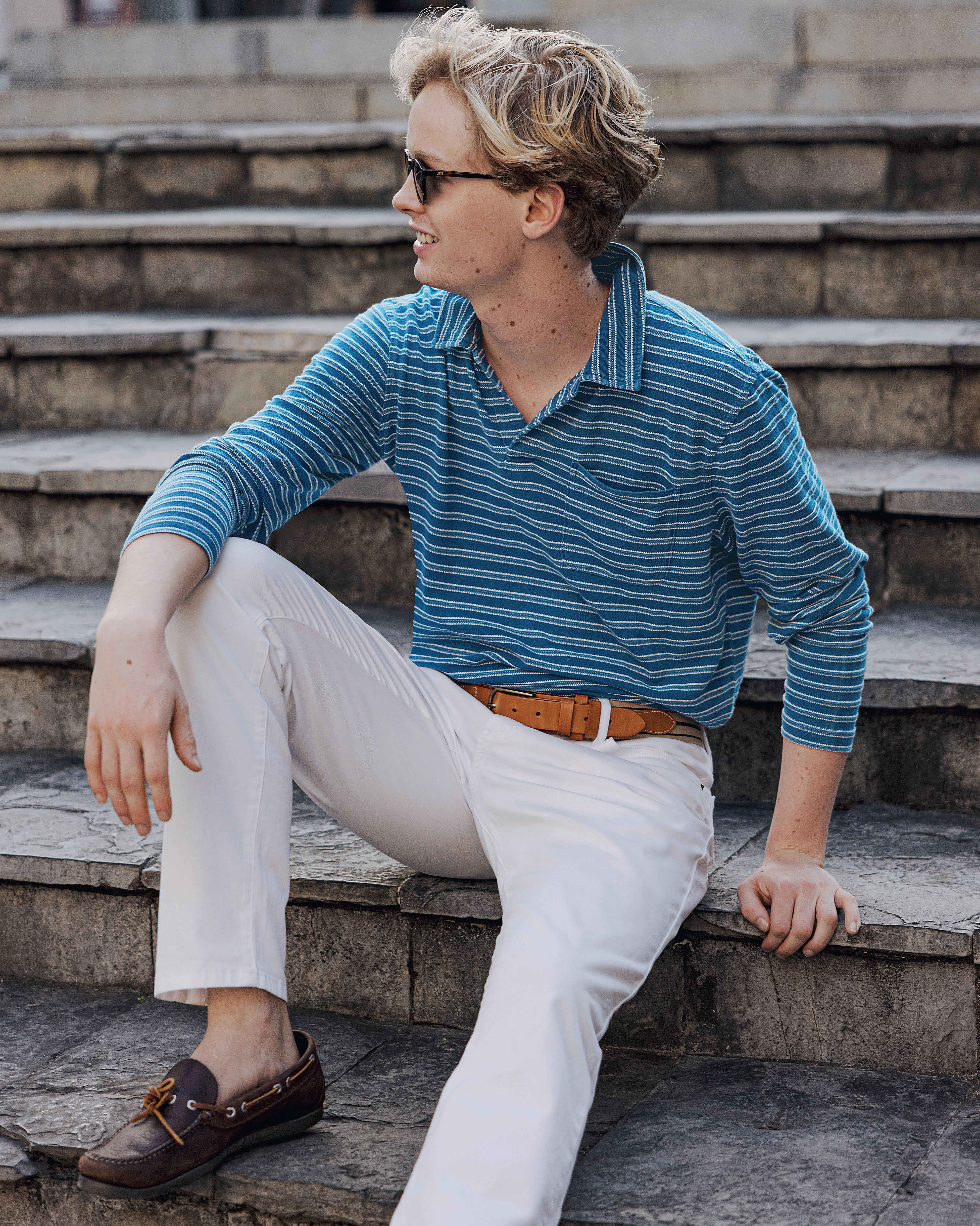 athletic style ShrinkageControl Process Long Sleeve Indigo Polo in Mid Wash Jacquard Stripe