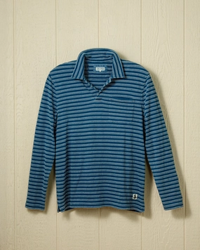 Long Sleeve Indigo Polo in Mid Wash Jacquard Stripe Fitted Top