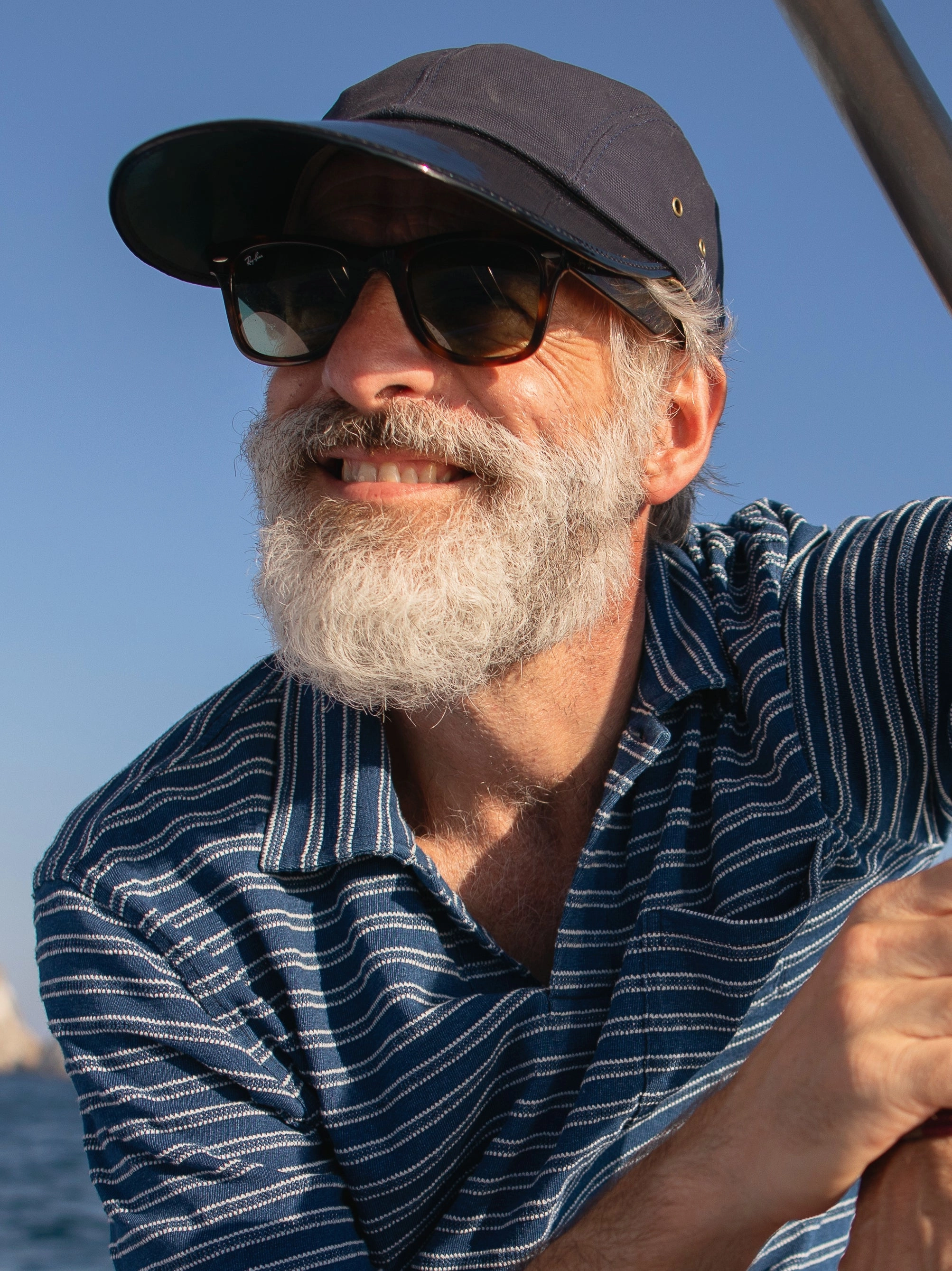 Premium Quality Comfortable apparel Long Sleeve Indigo Polo in Mid Wash Jacquard Stripe