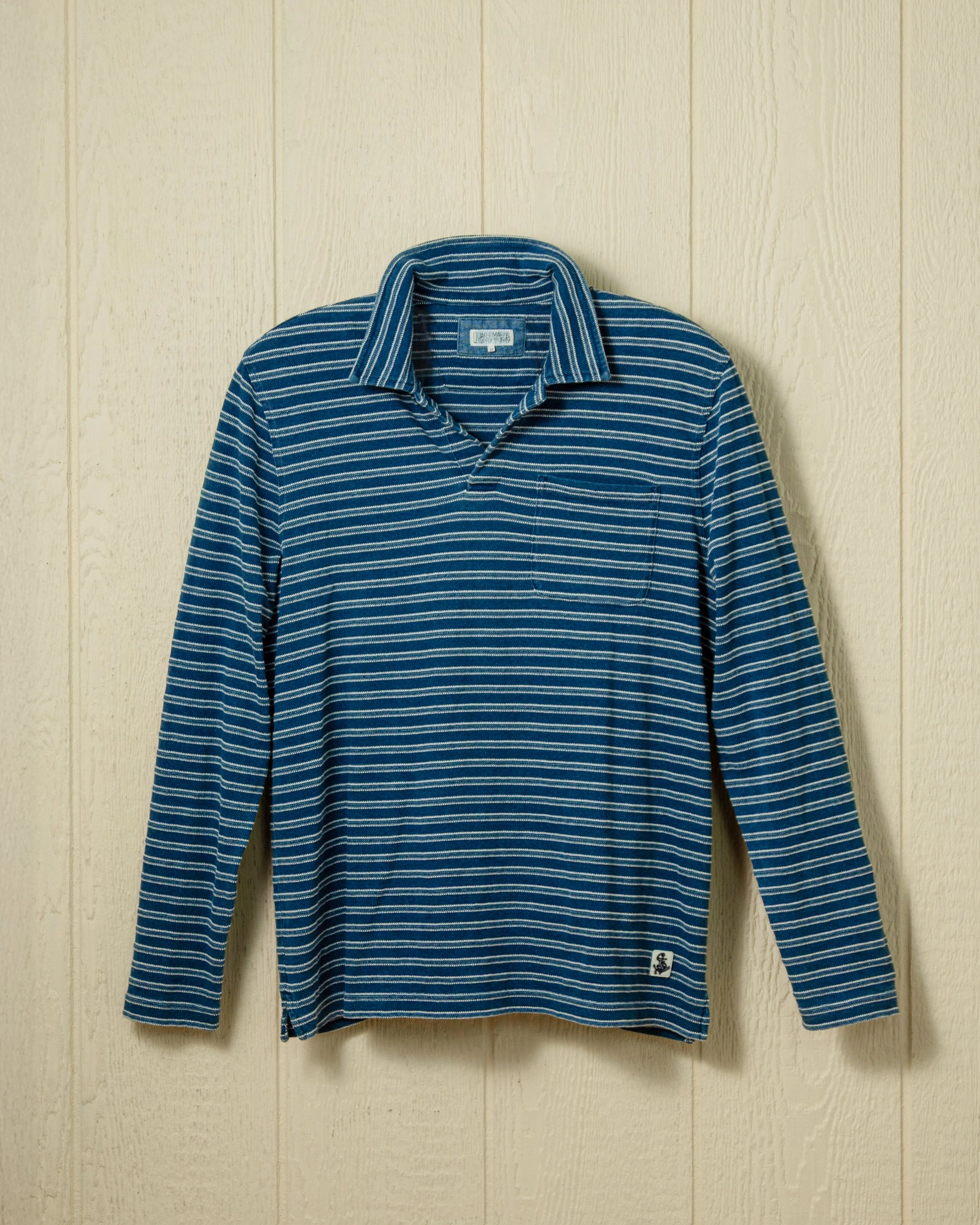 Long Sleeve Indigo Polo in Mid Wash Jacquard Stripe Fitted Top