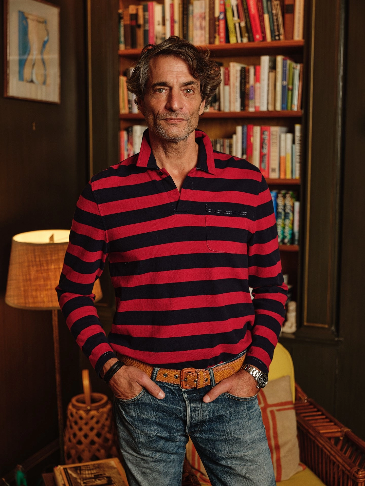 Long Sleeve Indigo Polo in Navy/Burgundy Wide Stripe Bamboo Fiber Blend Chill Layer