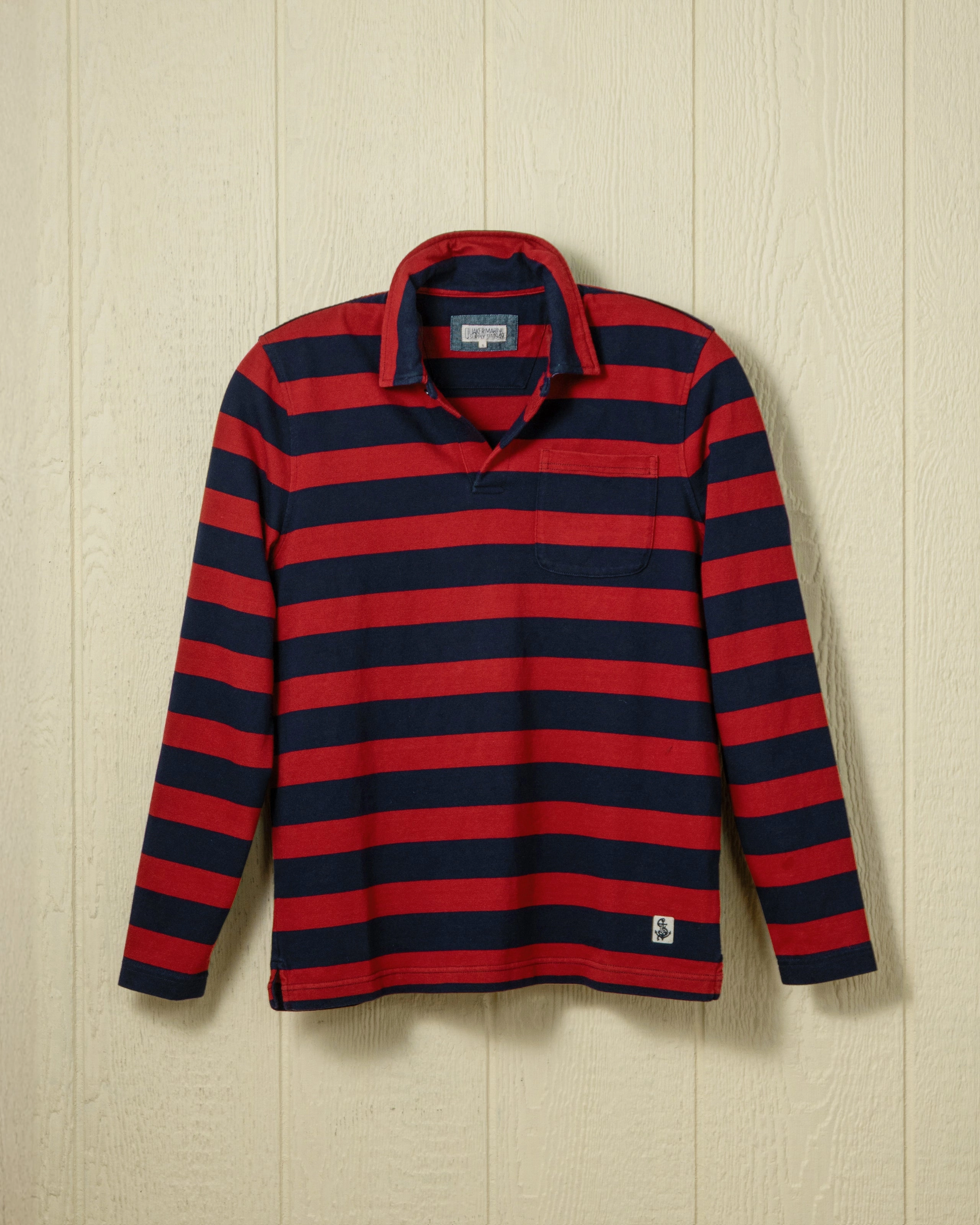 Unstructured Hem Long Sleeve Indigo Polo in Navy/Burgundy Wide Stripe