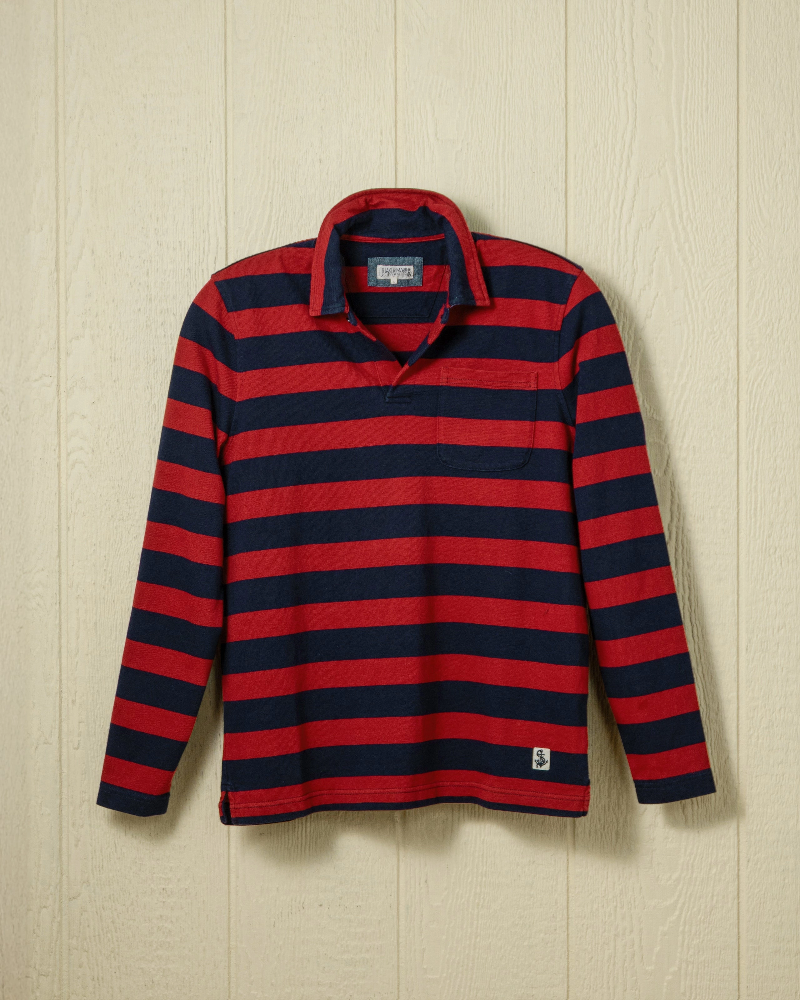 Cotton fabric Timeless Fit Long Sleeve Indigo Polo in Navy/Burgundy Wide Stripe