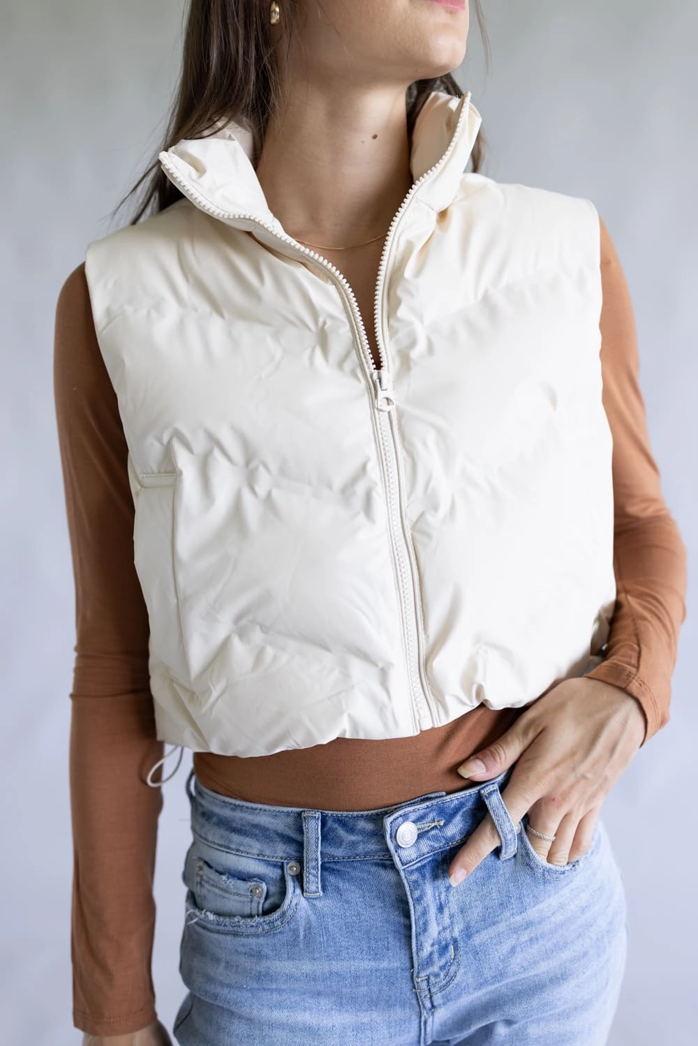 Durable Chill Piece Stretch Paneling Love Tree Cropped Puffer Vest for Women in Ivory | 5142VN-IVORY Durable Material