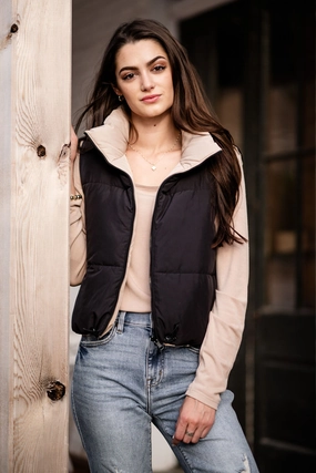 Stand Up Collar CompactFoldable Love Tree Cropped Reversible Puffer Vest for Women in Black/Beige | 5070VY-BLACK Core Fit Layer