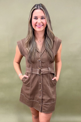 Invisible-Zip Padded-Bust Java Break Button-Up Mini Dress