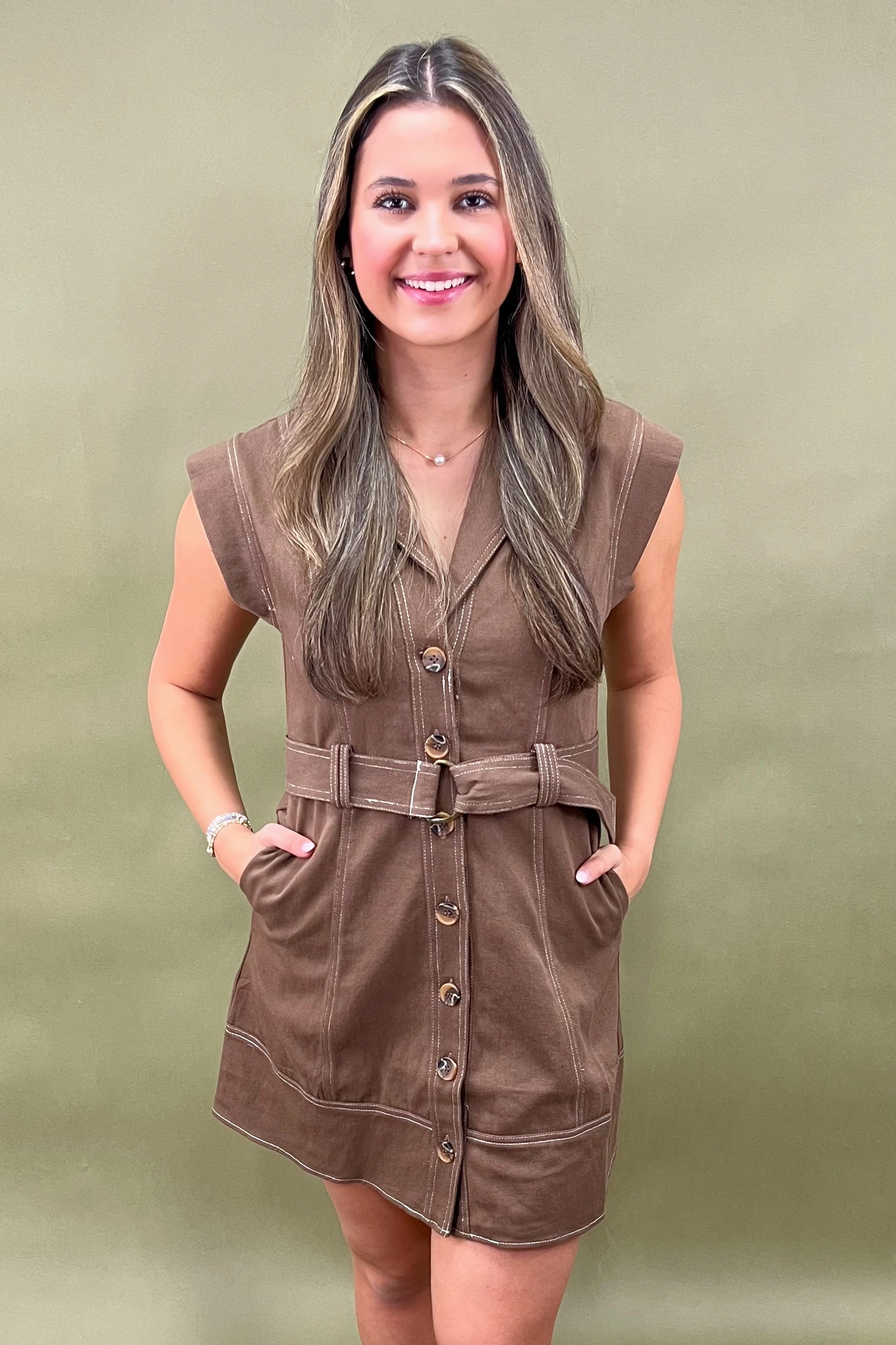 Invisible-Zip Padded-Bust Java Break Button-Up Mini Dress