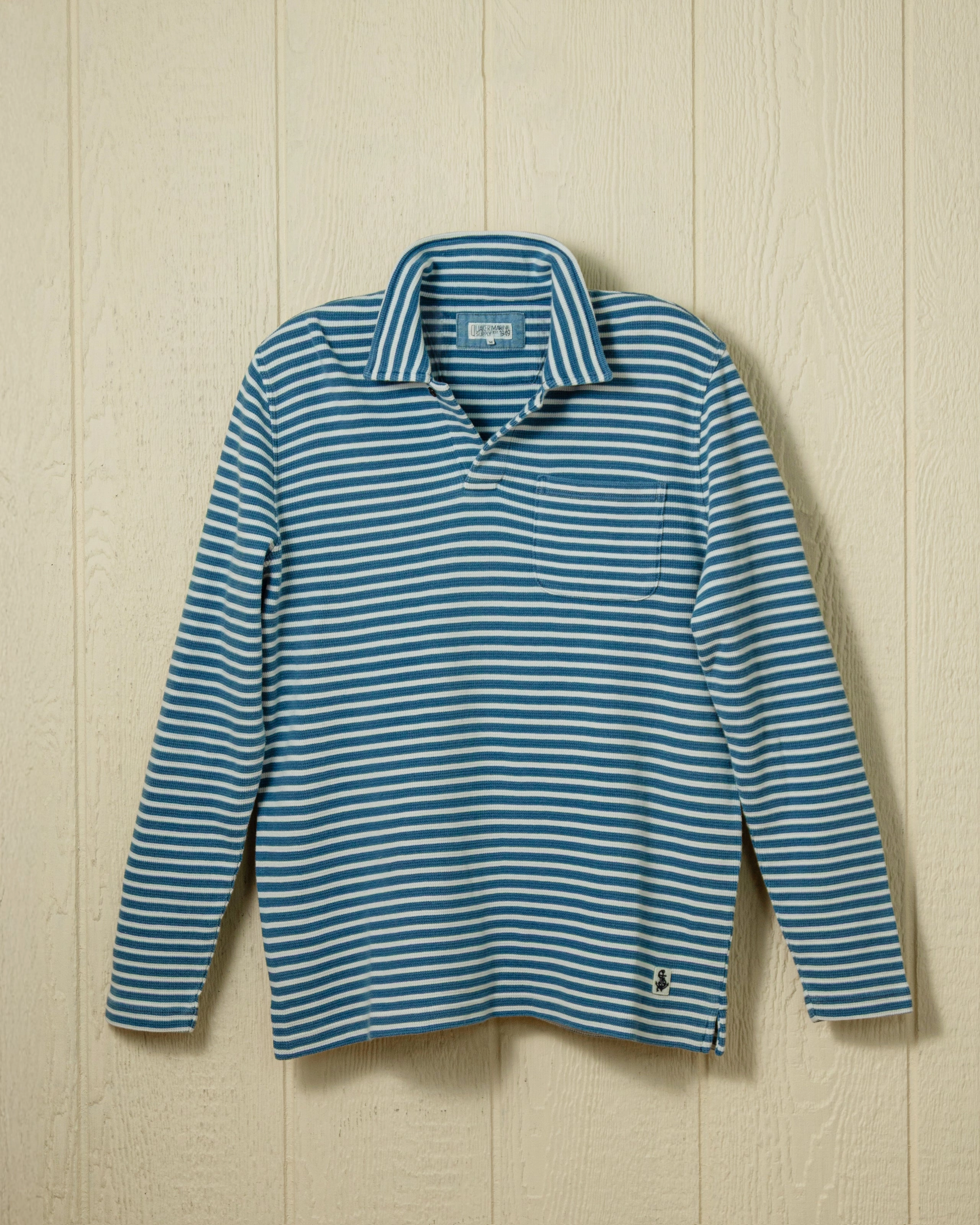 Comfortable Essentials Long Sleeve Indigo Polo in Blue/White Waffle Knit