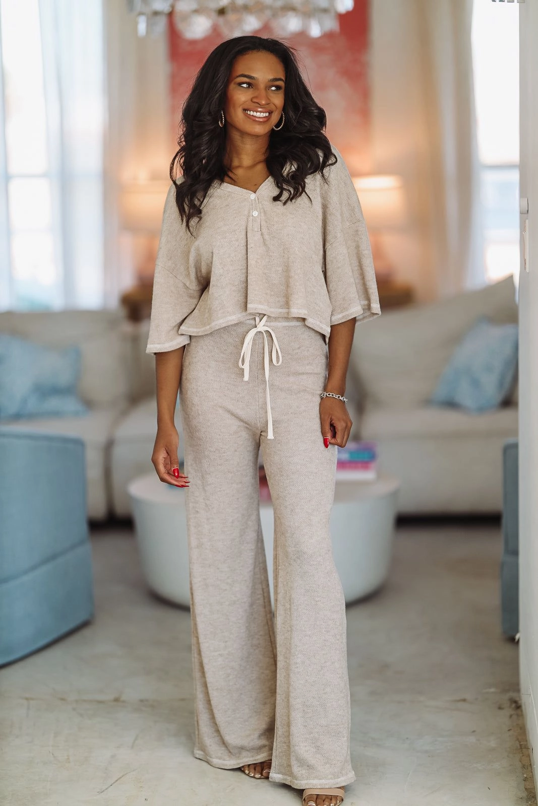 Tactile Soft Texture RibbedNeckline Make Mine a Frappe Crop Top and Pant Lounge Set- Oatmeal