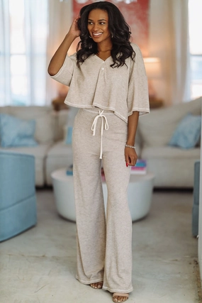Cozy Sweatshirt MultiPanelConstruction Make Mine a Frappe Crop Top and Pant Lounge Set- Oatmeal