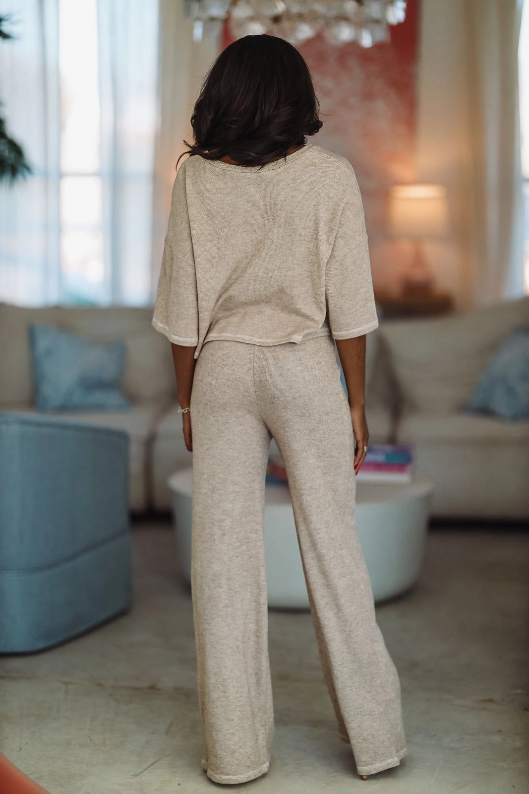 NonChafing Fabric Moisture Wicking Material Make Mine a Frappe Crop Top and Pant Lounge Set- Oatmeal