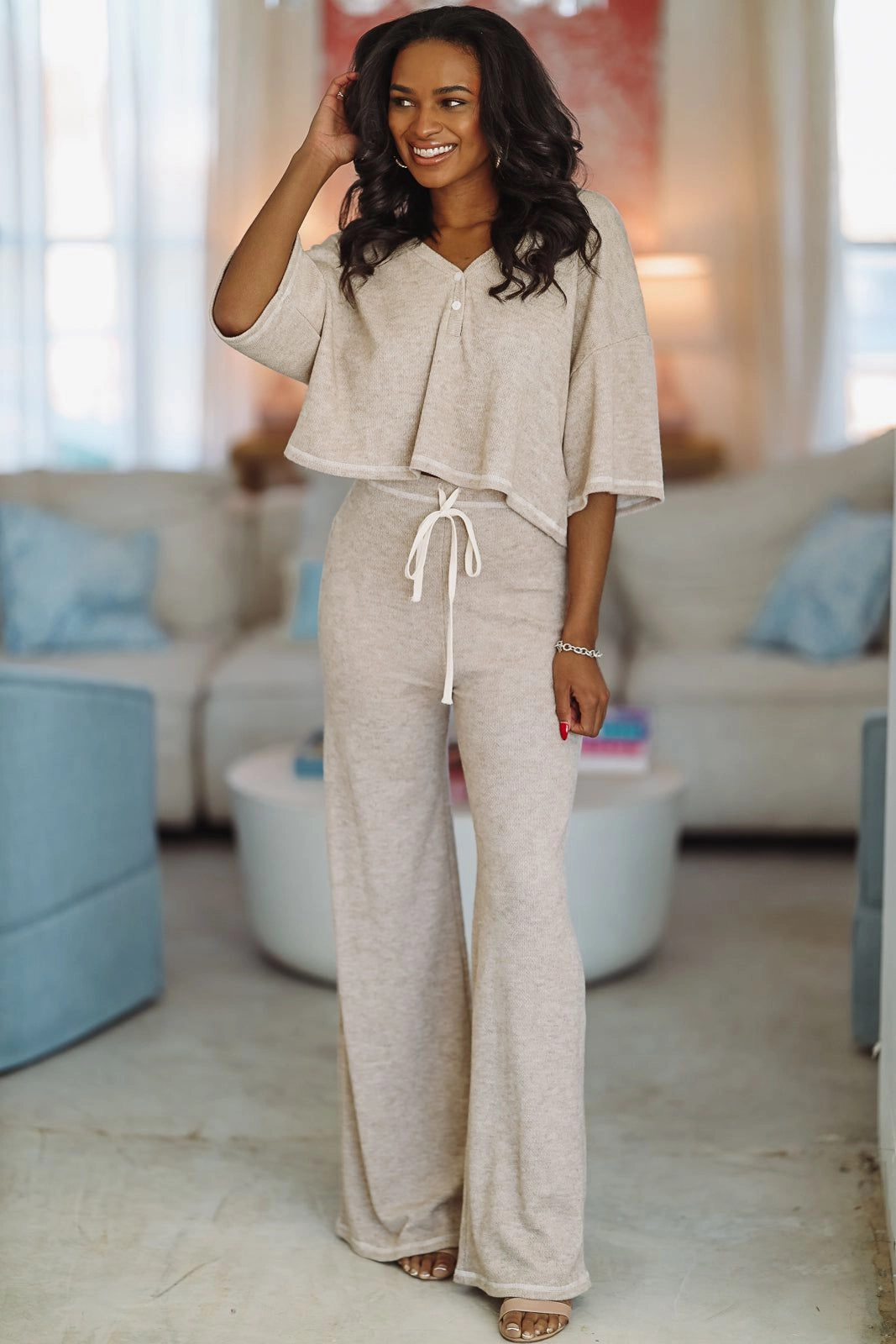 Cozy Sweatshirt MultiPanelConstruction Make Mine a Frappe Crop Top and Pant Lounge Set- Oatmeal