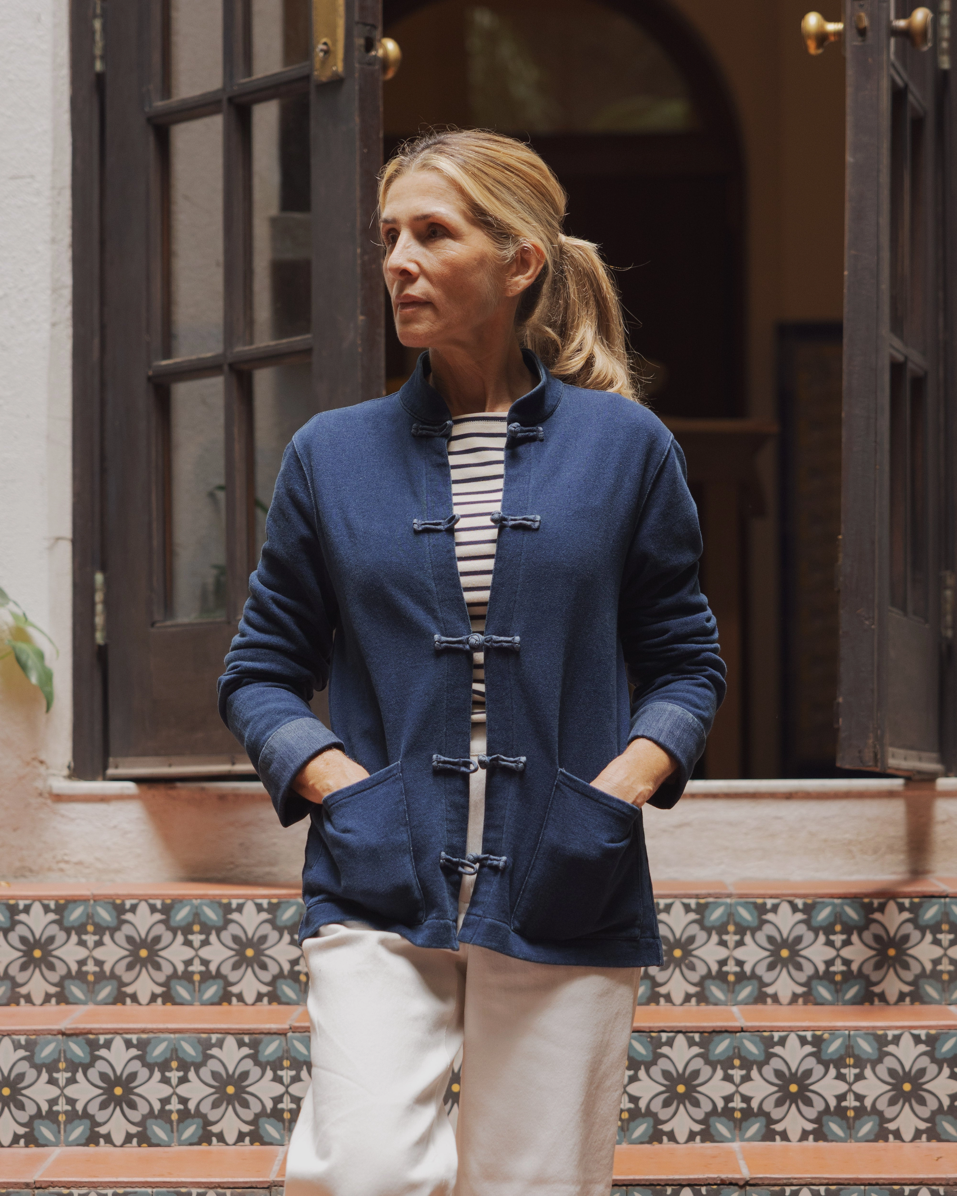 Martinique Jacket in Dark Wash Indigo Loopback Terry Layered Wind Barrier Stay Dry Interior