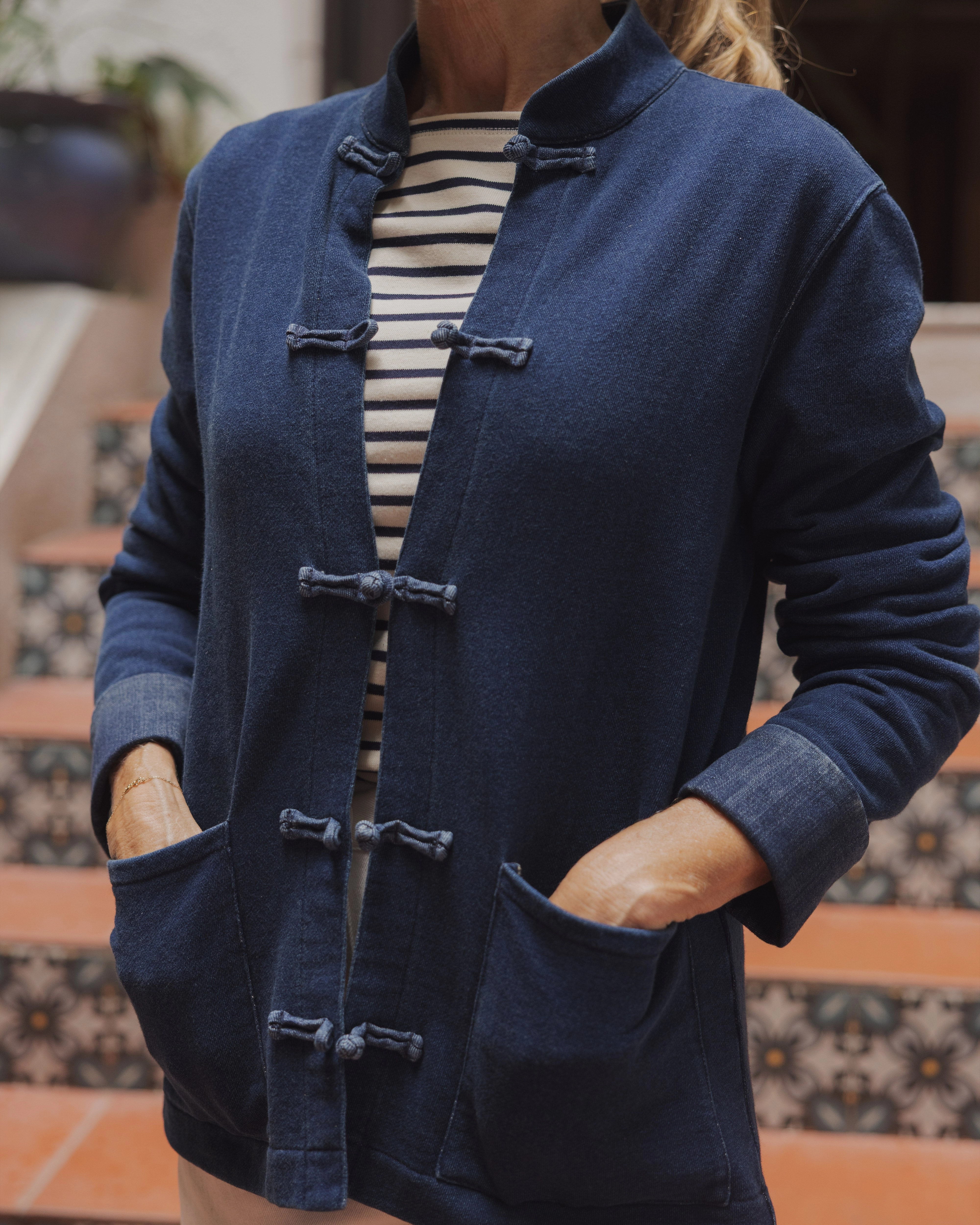 Hypoallergenic Lining Easy Clean Material Martinique Jacket in Dark Wash Indigo Loopback Terry