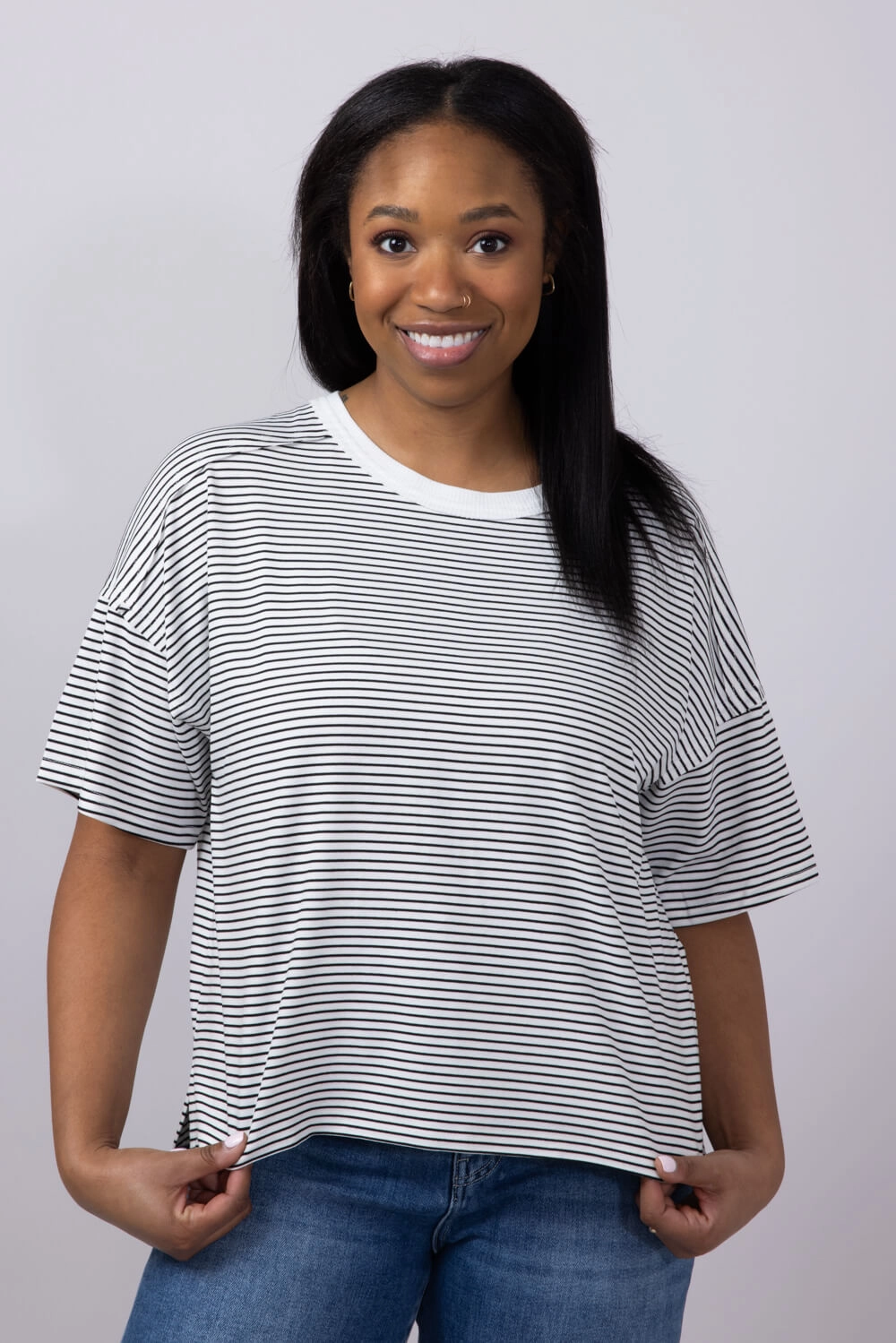 Flexible Neckband La Miel Basic Striped Drop Shoulder Top for Women in Black | HDT7703-BLACK