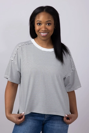 Flexible Neckband La Miel Basic Striped Drop Shoulder Top for Women in Black | HDT7703-BLACK