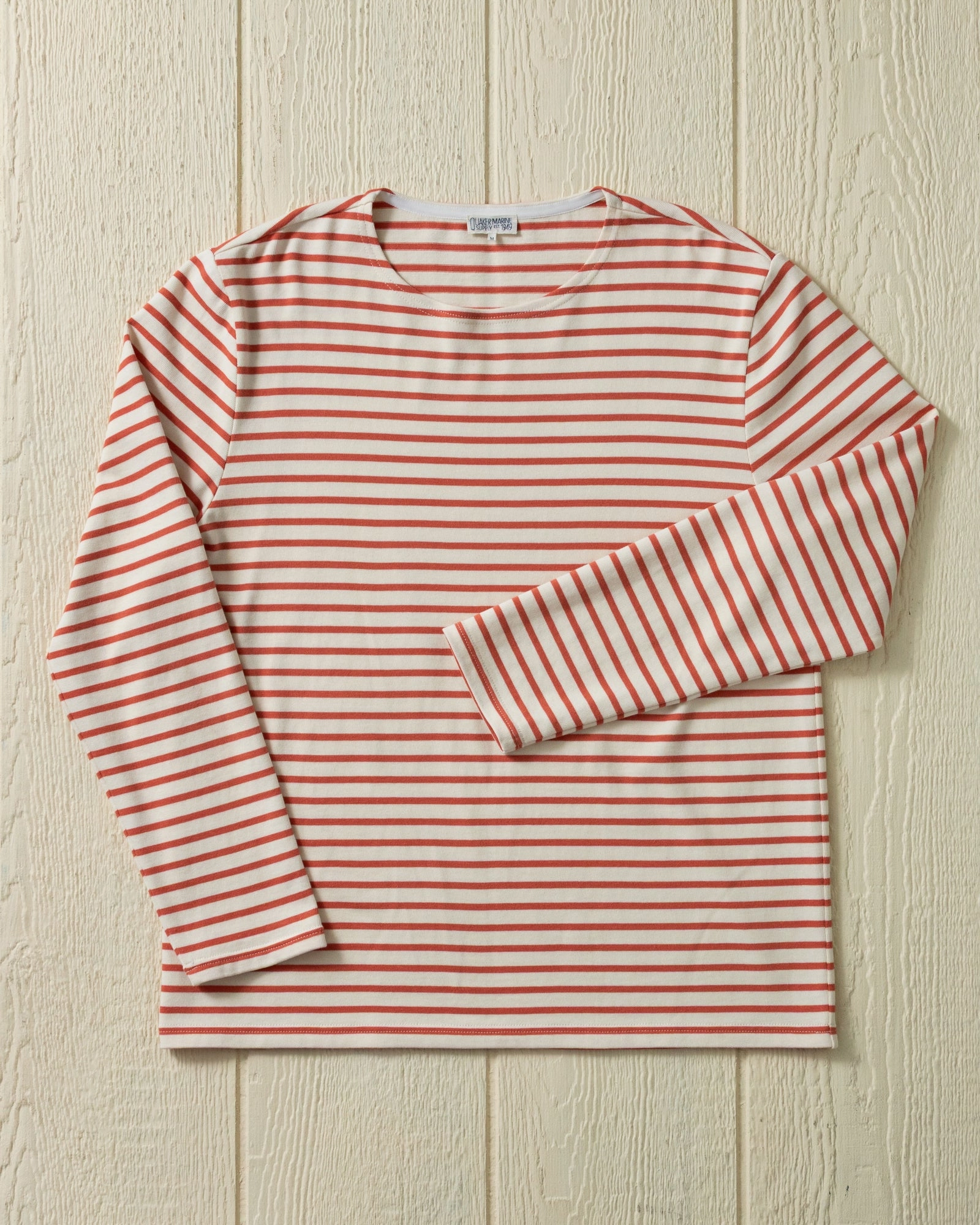 Day-to-Day Comfort Men??s Breton Stripe Boatneck Tee in Off White/Coral