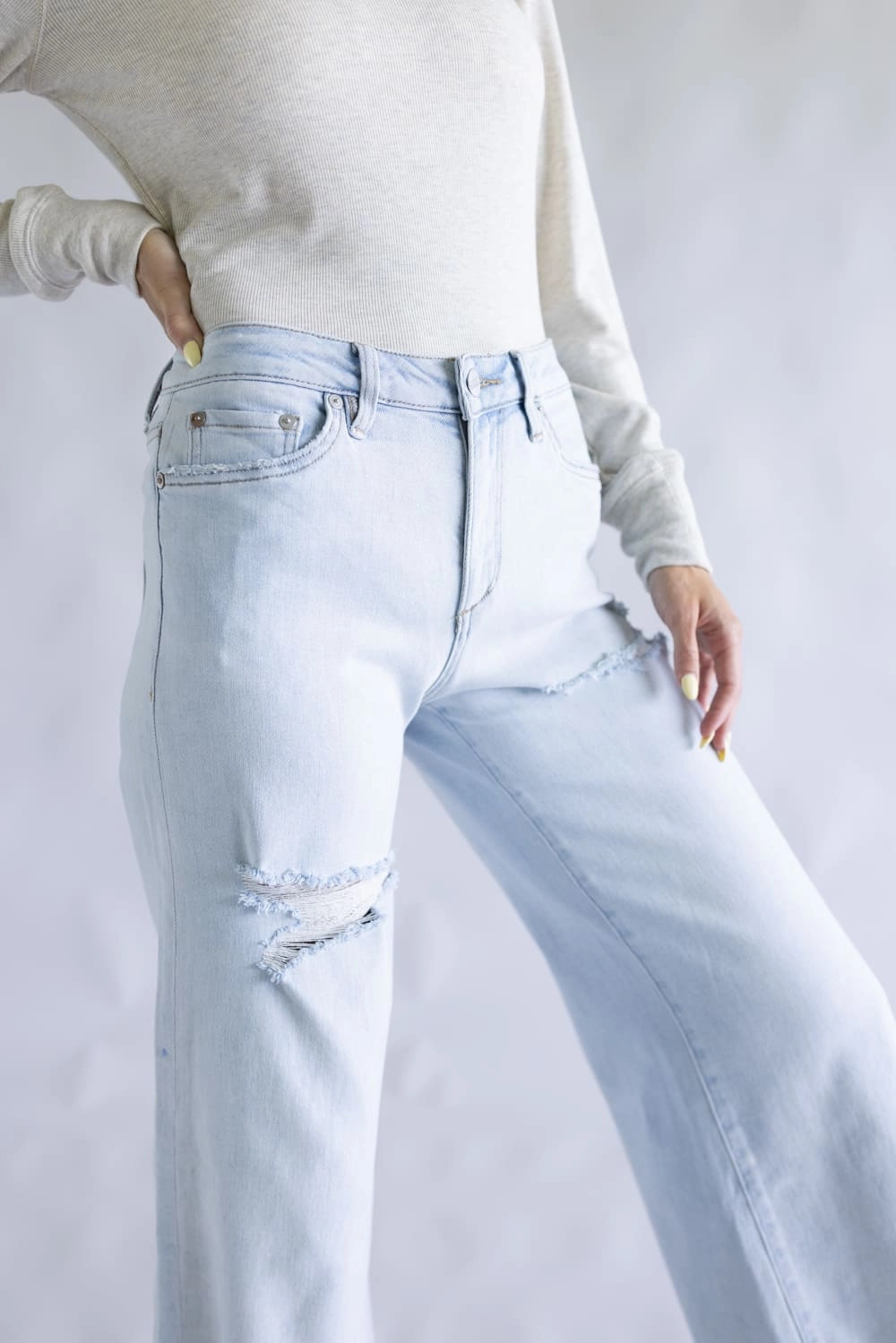 Mica High Rise Light Wash Wide Leg Fray Hem Jeans for Women | MDP-W3523 Lockstitch Construction